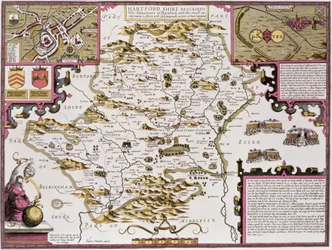 ジョンスピードの「英国帝国劇場」のパブからジョドカスホンディウス（1563-1612）によって彫刻されたハートフォードシャーとハートフォードの状況。ジョン・サドベリーとジョージ・ハンブル、1611-12（ハンドc